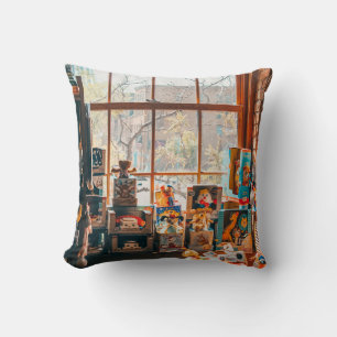 ASSORTED PLUSH TOYS ON BROWN WOODEN SHELF THROW PILLOW