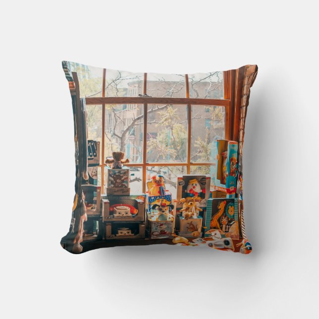 ASSORTED PLUSH TOYS ON BROWN WOODEN SHELF THROW PILLOW (Front)