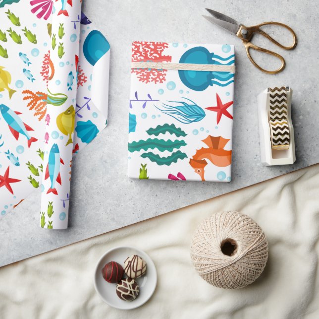 Assorted sea life & animals colourful illustration wrapping paper (Crafts)