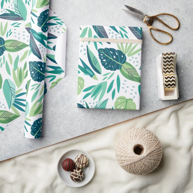 Assorted Tropical Green Leafs Pattern On White Wrapping Paper (Crafts)