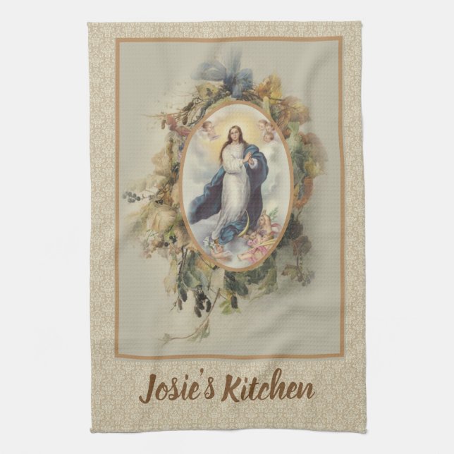 Assumption Blessed Virgin Mary Floral Kitchen Towel (Vertical)