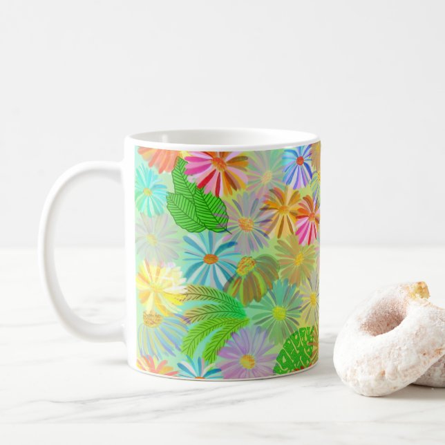 ASTER & CONE FLOWERS & TROPICAL LEAVES WATERCOLOR  COFFEE MUG (With Donut)