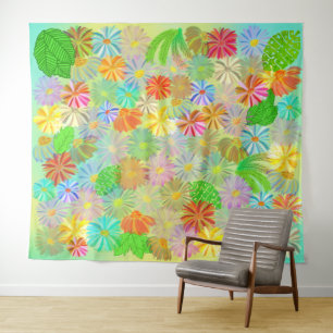 ASTER & CONE FLOWERS & TROPICAL LEAVES WATERCOLOR TAPESTRY