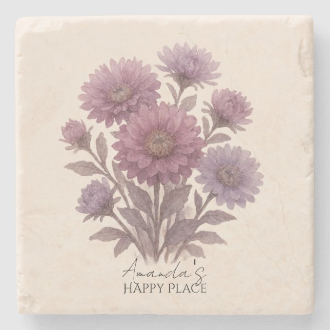 Aster Flower Coasters, Personalized Floral  Stone Coaster (Front)