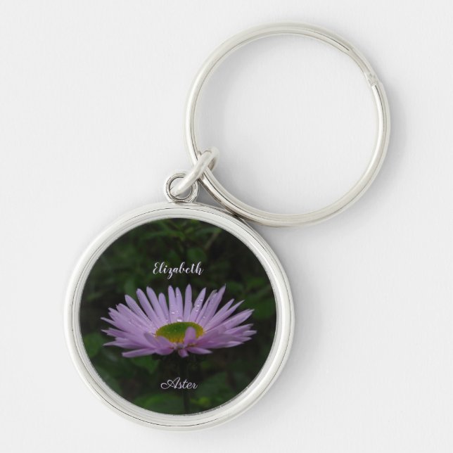 Aster Flower with Raindrops Personalized Photo Keychain (Front)