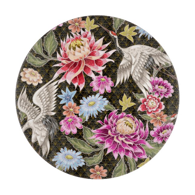 Asters Cranes: Painted Seamless Japanese Style Cutting Board (Front)