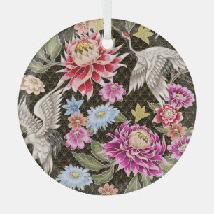 Asters Cranes: Painted Seamless Japanese Style Glass Ornament