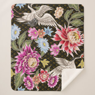 Asters Cranes: Painted Seamless Japanese Style Sherpa Blanket