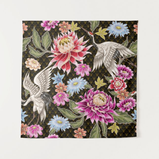 Asters Cranes: Painted Seamless Japanese Style Tapestry (Front)