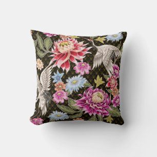 Asters Cranes: Painted Seamless Japanese Style Throw Pillow