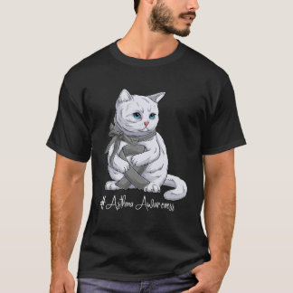 Asthma Awareness Month Gray Ribbon Cat T-Shirt