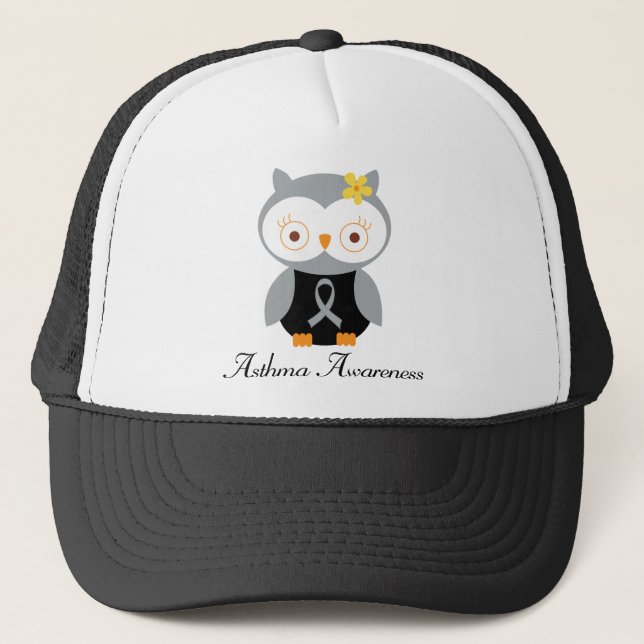 Asthma Grey Ribbon Support Owl Trucker Hat (Front)
