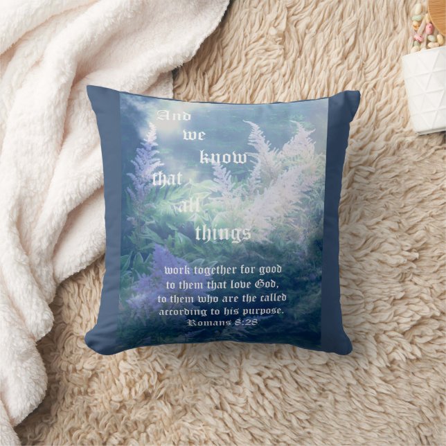 Astilbe Blue Mist Romans 8:28 Throw Pillow (Blanket)