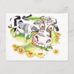 Astonished cartoon cow grazing on flowers postcard