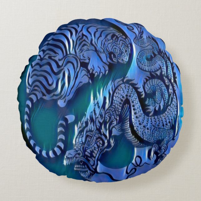 Astral Chi Dragon Tiger Spirit Yin Yang Round Pillow (Front)