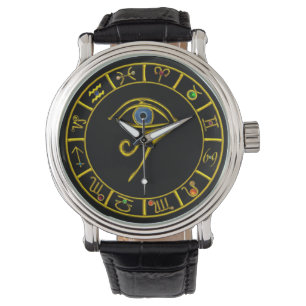 ASTRAL HORUS EYE/BLUE TALISMAN GOLD ZODIACAL SIGNS WATCH
