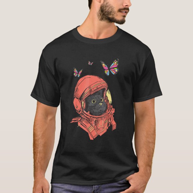 Astro Cat Space Kitten Coloured Butterflies Space  T-Shirt (Front)