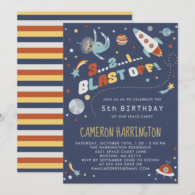 Astro Sloth - Space Kids Birthday Party Invitation (Front/Back)