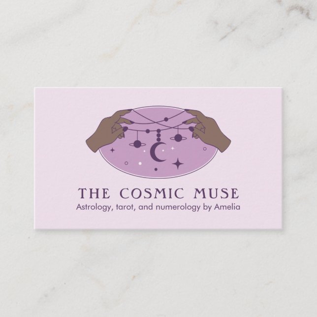 Astrologer Cosmic Moon and Planets with Hands Business Card (Front)