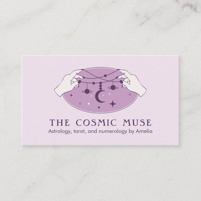 Astrologer Cosmic Moon and Stars with Hands Business Card (Front)