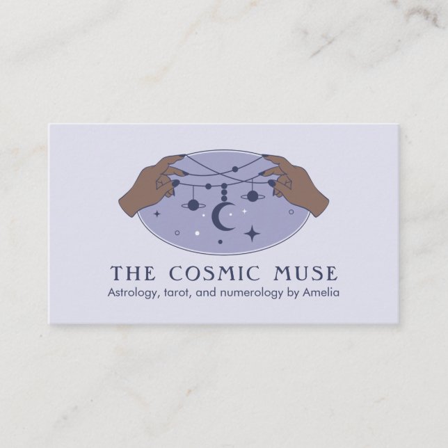 Astrologer Cosmic Moon and Stars with Hands Business Card (Front)