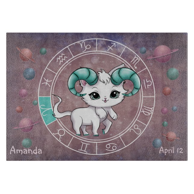 Astrological Aries Cute cat Zodiac Wheel Planet Cutting Board (Front)