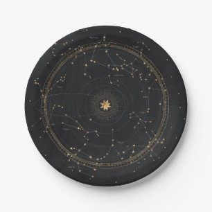 Astrological star map black gold  paper plate