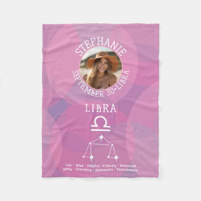 Astrology Libra Zodiac Sign Photo Custom Birthdate Fleece Blanket (Front)