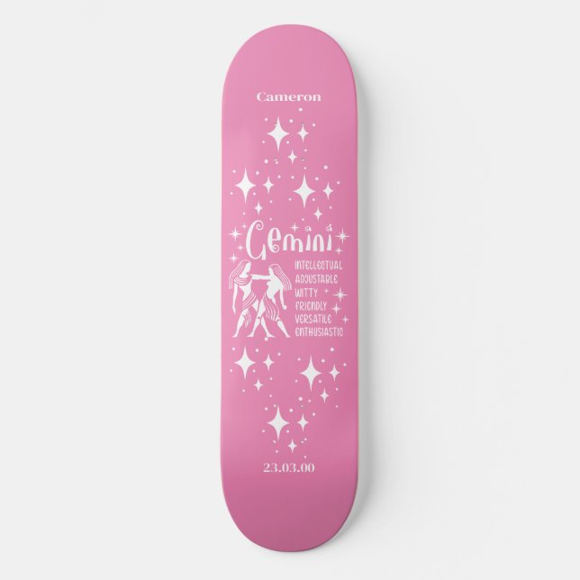 Astrology Pink Skateboard with Gemini Symbol (Front)