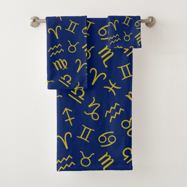 Astrology Sign Symbols Pattern Gold+Dk Blue Bath Towel Set (Insitu)