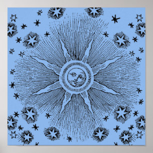 Astrology Sun Face Smiling Illustration Medieval Poster