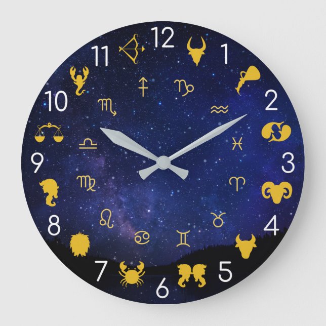 Astrology Zodiac Symbols Blue And Gold Celestial Large Clock (Front)