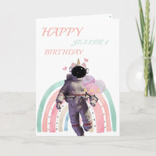 Astronaut 3D with Unicorn Rainbow and Balloons   Note Card