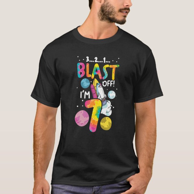 Astronaut 7th Birthday 7 Years Old 3 2 1 Blast Off T-Shirt (Front)