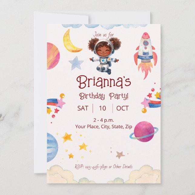 Astronaut African American Girl Space Theme Invitation (Front)