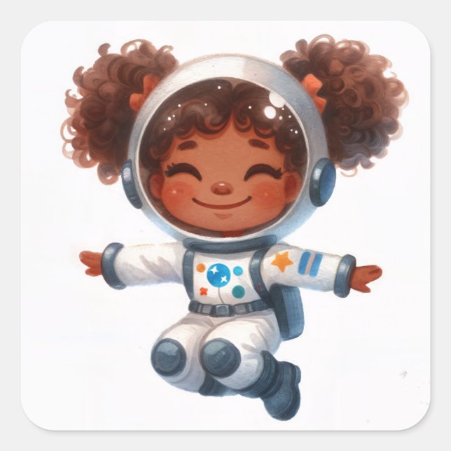 Astronaut African American Girl With Afro Puffs Square Sticker (Front)