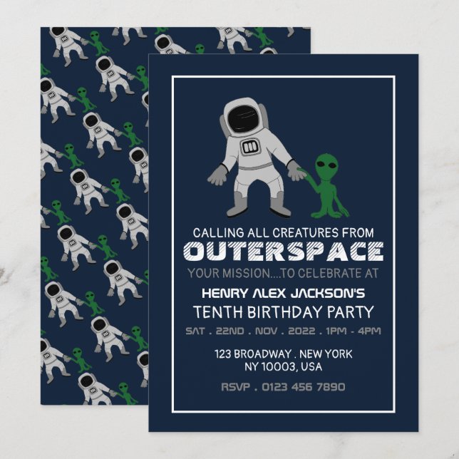 Astronaut & Alien, Birthday Invitation (Front/Back)