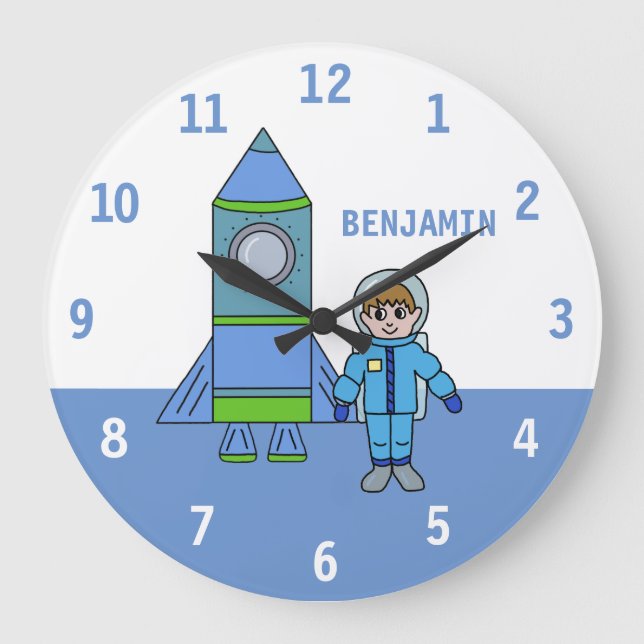 Astronaut and Rocket Space Wall Clock with Name (Front)