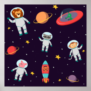 Astronaut Animals In Space Pattern I Poster