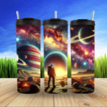 Astronaut at Edge of Cosmos Thermal Tumbler<br><div class="desc">An astronaut stands alone on a rocky alien world,  gazing at a colourful sky lit by nebulae and distant planets. The scene captures the wonder of space exploration,  blending science fiction with celestial beauty. A tribute to discovery,  solitude,  and the infinite mystery of our universe beyond the stars.</div>