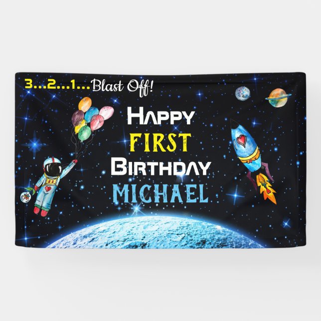 Astronaut Balloons Rocket Space Name Birthday Banner (Horizontal)