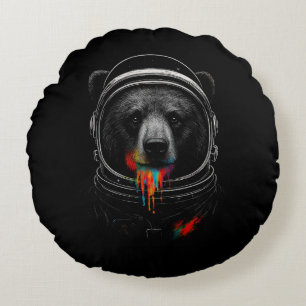 Astronaut Bear with Neon Paint Drips Cosmic Animal Round Pillow