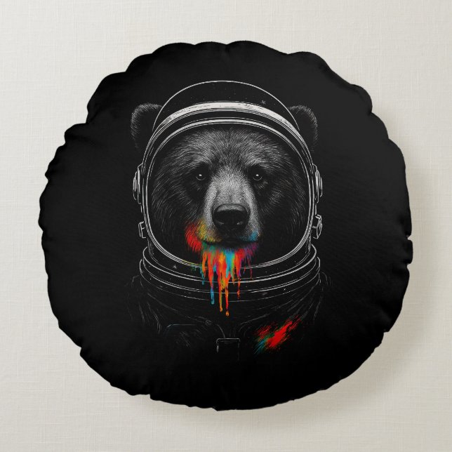 Astronaut Bear with Neon Paint Drips Cosmic Animal Round Pillow (Front)