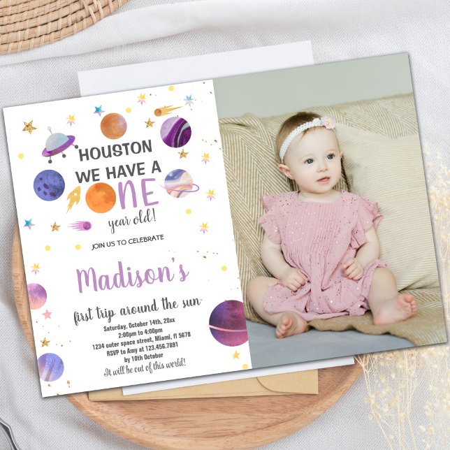 Astronaut Birthday Invitation with Photo (Purple Astronaut birthday invitations with photo)
