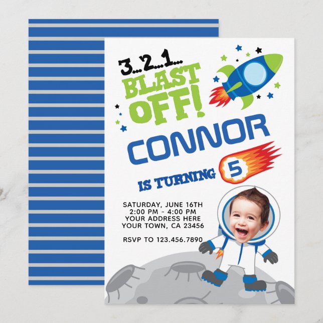 Astronaut Birthday Invitation, With YOUR Photo Invitation (Front/Back)