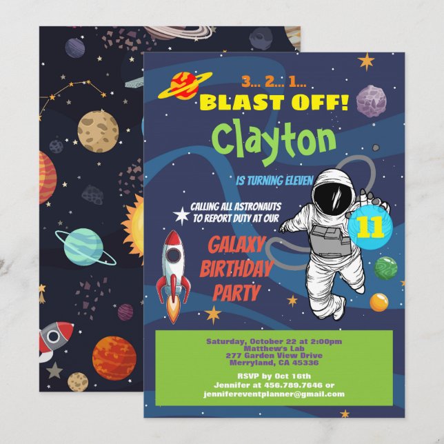 Astronaut birthday party galaxy kid invitation (Front/Back)