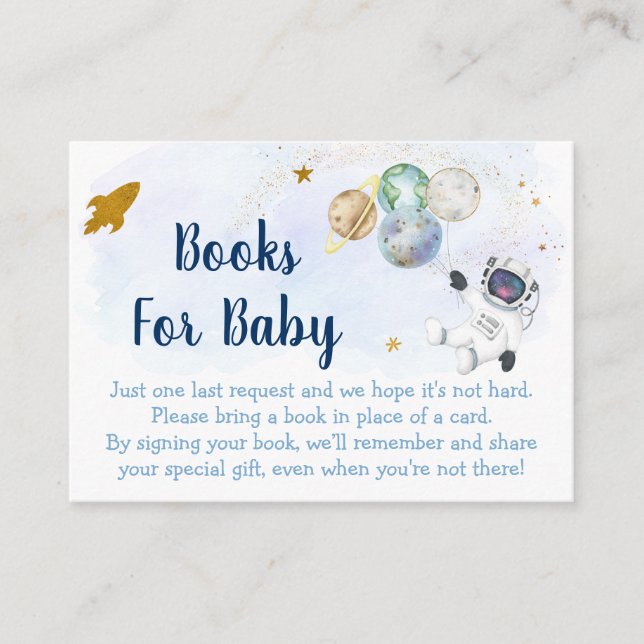 Astronaut Blue Gold Space Baby Shower Book Request Enclosure Card (Front)