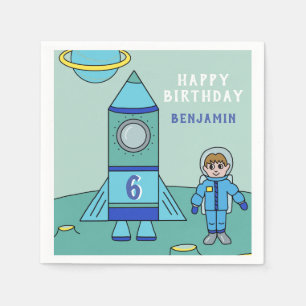Astronaut Boy and Rocket on Moon Birthday Party Napkin