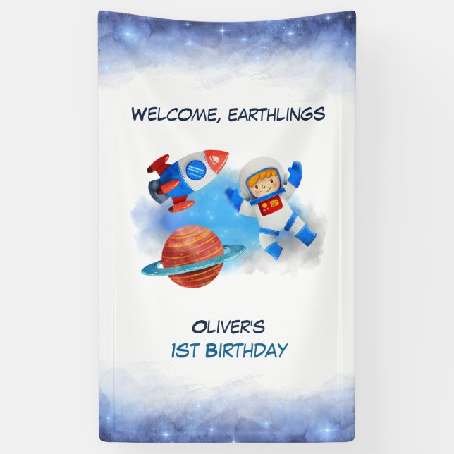 Astronaut Boy Baby First Birthday Banner (Vertical)