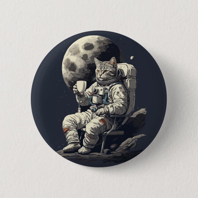 Astronaut Cat Having Cup of Coffee 2 Inch Round Button (Front)